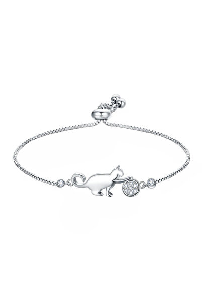 EFAYN.RO Women's tennis bracelet, adjustable, playful cat pendant, silver, EFAYN