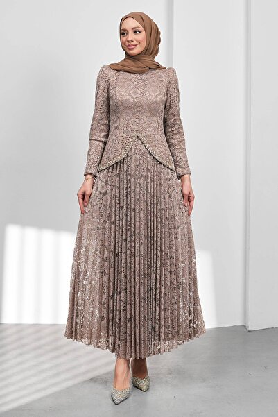 İmajButik Mink Guipure Lace Pleated Design Evening Dress