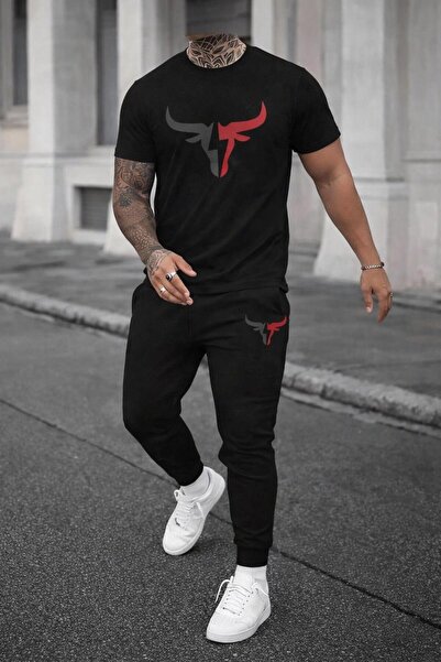 zeag Men's Large Bull Printed T-Shirt Tracksuit Set