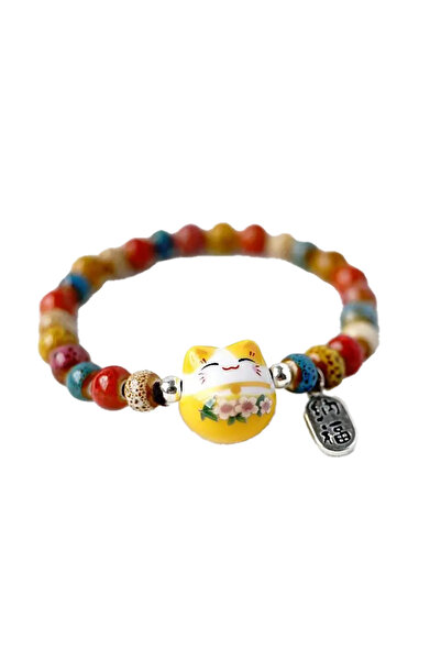 EFAYN.RO Bracelet, beaded pattern and cat, lucky cat theme, elastic, unisex, ...