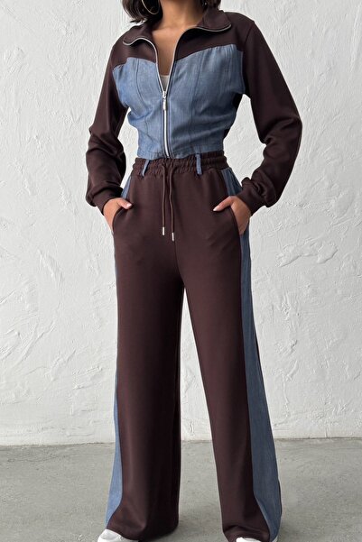 Ded COLLECTION Women's Denim Detailed Paneled Zippered Cropped Double Set