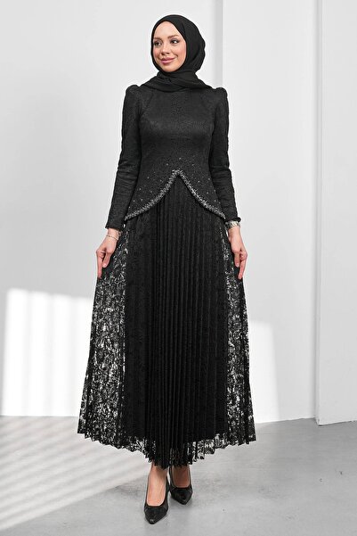 İmajButik Black Guipure Lace Pleated Design Evening Dress