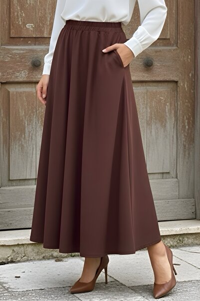 İmajButik Brown Elastic Waist Pocketed Flared Skirt