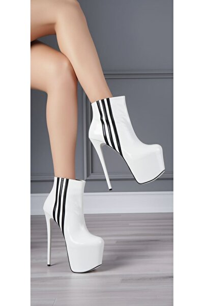 Tarz Topuklar Viper Platform White/Black Striped Black High Heel Women's Boots