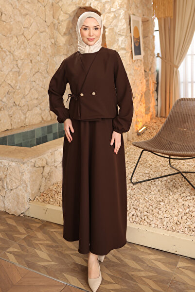 İmajButik Brown Yan Tie-Detail Vest Combination Dress