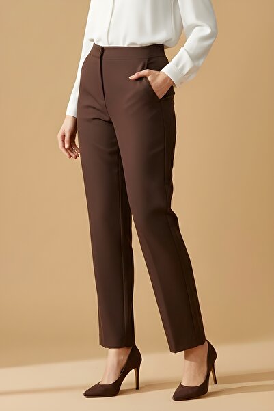 İmajButik Brown Pocketed Elastic Waist Pencil Trousers