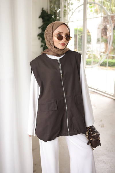 İmajButik Brown Zipper Bag Oversized Gabardine Vest