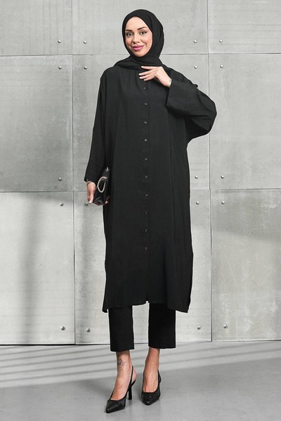 İmajButik Black Tunic with Slit Buttons on the Side