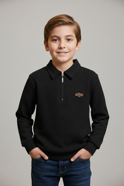 Pafim Erkek Çocuk Polo Yakalı Fermuarlı Sweat, Petek Desenli Sweat 7-14 Yaş