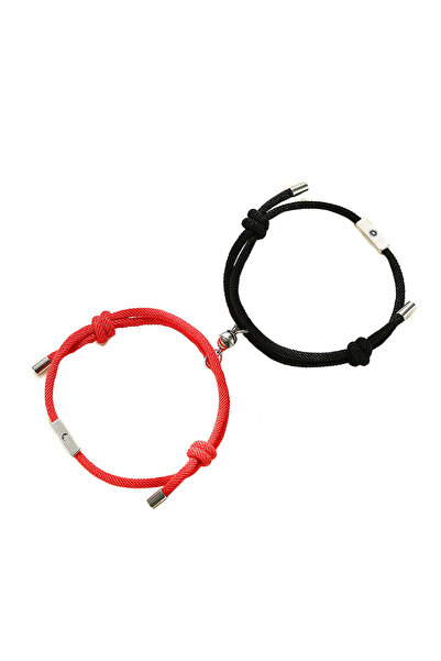 EFAYN.RO Set of 2 couple bracelets with round magnet, string type, red with b...