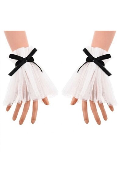 Shiklik 2Pcs Tulle Detail Fingerless Bridal Gloves Wristband Accessory with B...