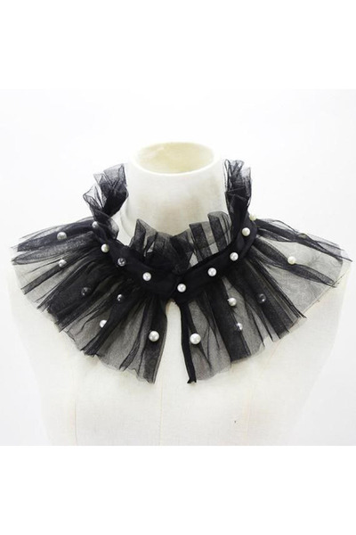 Shiklik Elegant Black Tulle Pearl Detailed Women's Necklace