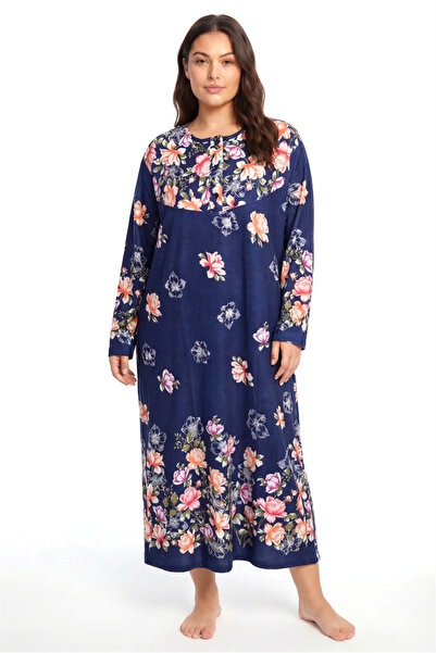 Celira Plus Size Floral Print Long Sleeve Mother's Nightgown Navy Blue