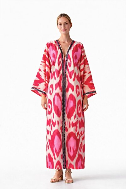 HN Loom Rose İkat Kaftan – %100 Pamuk, El Dokuma, Çok Yönlü Kullanım (Beachwe...
