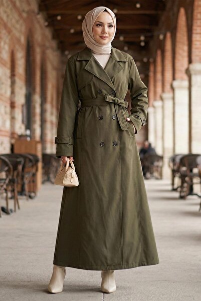 hafsamina Belted Buttoned Full-Length Trench Coat Khaki Hm2891