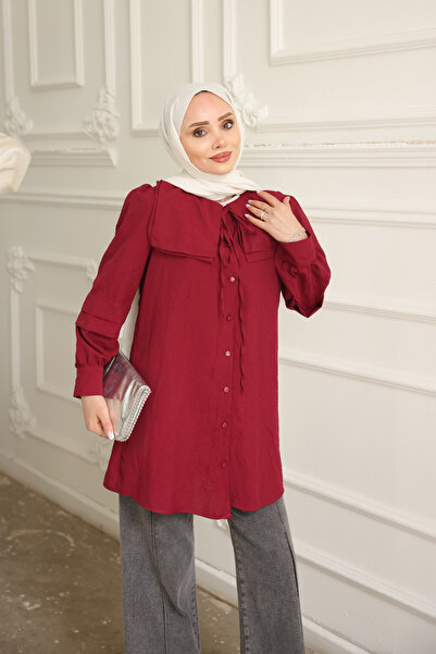 İmajButik Burgundy Collar Detailed Shirt