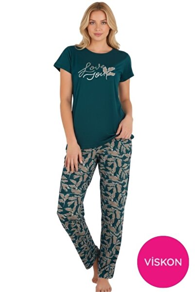 seamlife Women's Patterned Buttonless Crew Neck Short Sleeve Pajama Set- Slim...