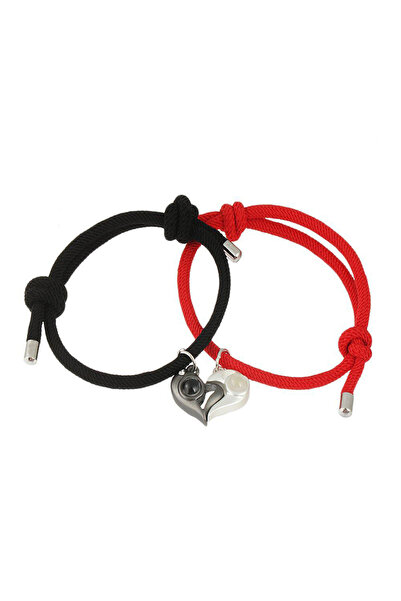 EFAYN.RO Couple bracelet set with heart pendant, black and red, adjustable, h...