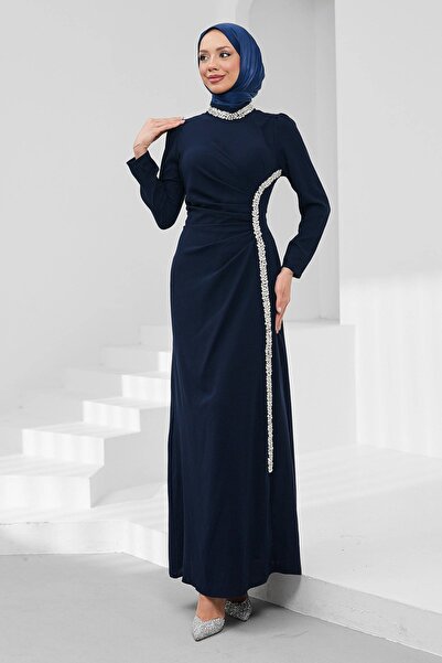 İmajButik Navy Blue Draped Front Evening Dress with Stones