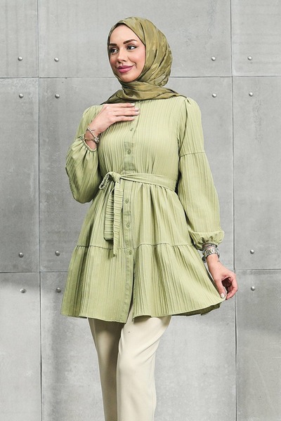 İmajButik Light Khaki Layered Tunic with Elastic Sleeves and Skirt