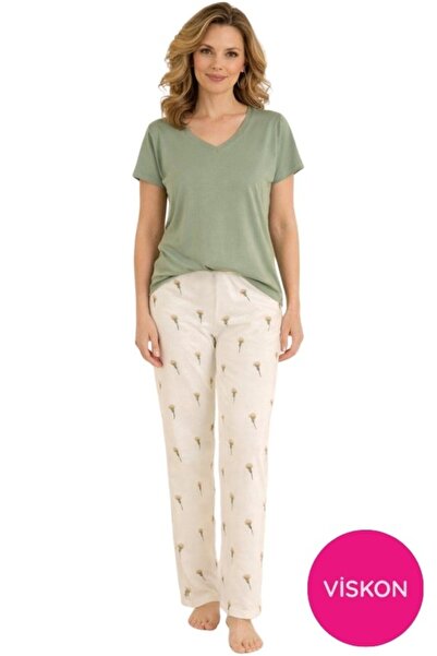 seamlife Women's Patterned Buttonless Crew Neck Short Sleeve Pajama Set- Slim...