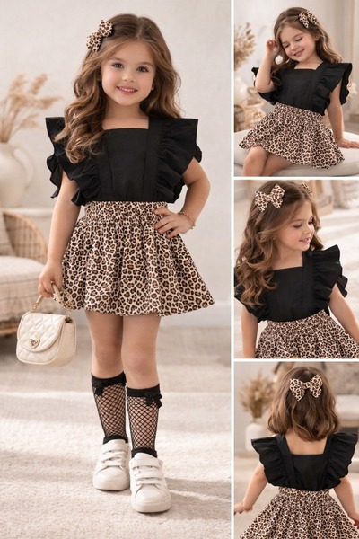 eymwes Kız Çocuk Leopar Desenli Salopet Bandana Çorap Set