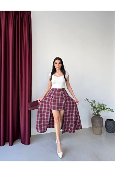 SHIRIN WEAR Kadın Katlı Mini Ekose Etek