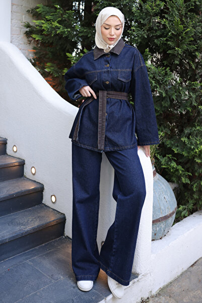 İmajButik Navy Blue Paneled Jacket and Trousers Denim Suit