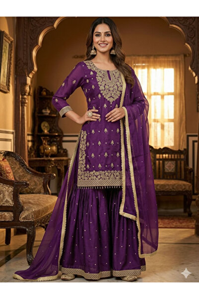 MYSMAR Purple Silk Top Sharara & Dupatta - HRT7007 | Purple