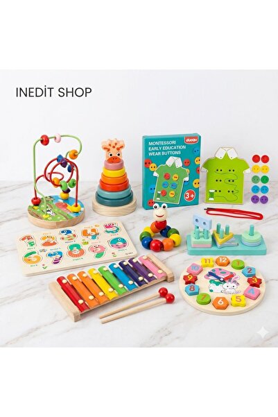 Montessori Set 8 jucării interactive din lemn – Multicolor, 3 ani+
