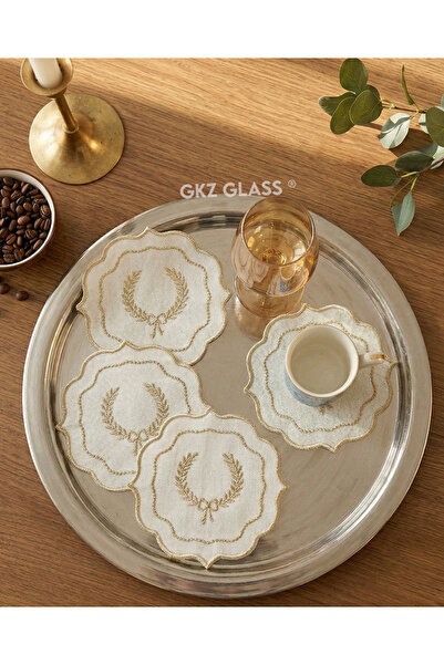 gkzglass home dekor 6 Pieces of Linen Fabric with Embroidered Coffee Side Coc...