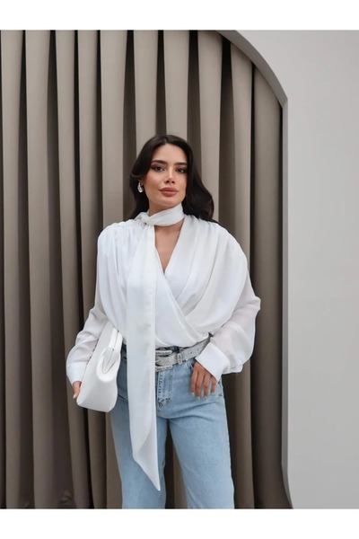 solena sln Women's Shawl Scarf Padded Shoulders Design Shirt Blouse White