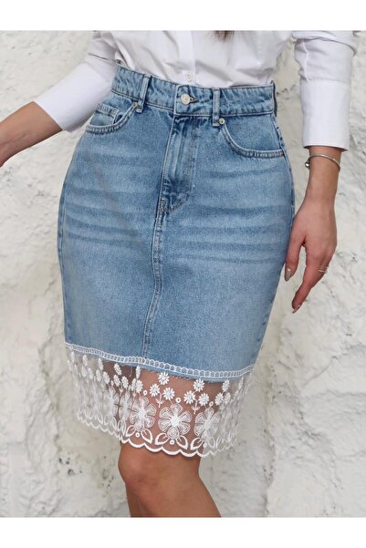Zeo Basic Women's Lace Detailed Blue Denim Skirt