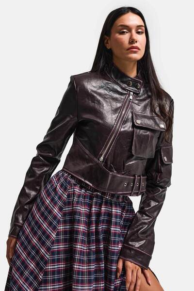 it's basic Women's Burgundy Brown W5 Belt Detail Special Design Leather Jacket