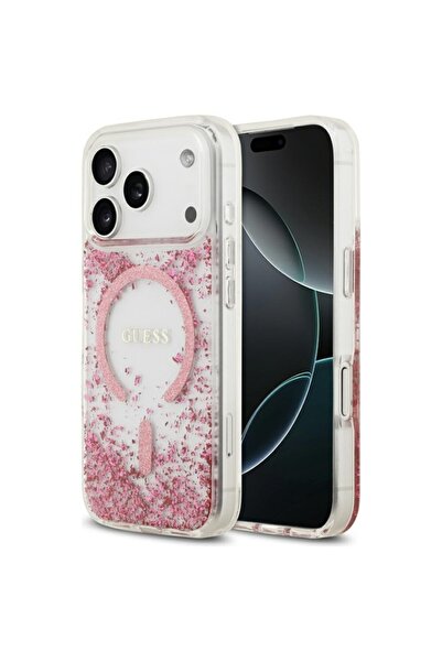Guess Калъф за iPhone 17 Pro, MagSafe с брокатено дъно от смола, розов