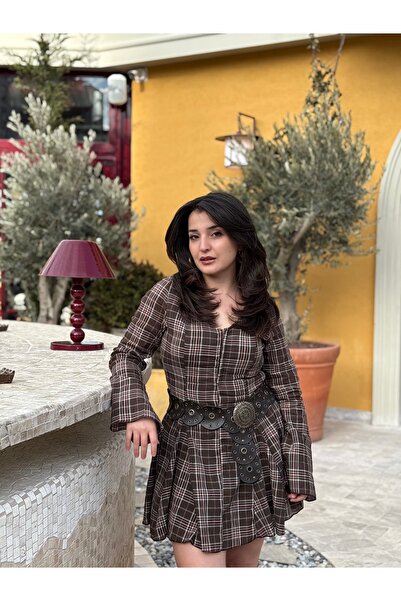 MahraWear Kahve Ekose Elbise