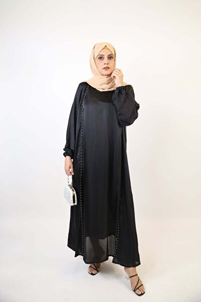 Libas lab Suwad- Classy Satin two piece faux pearl throw over abaya with inne...