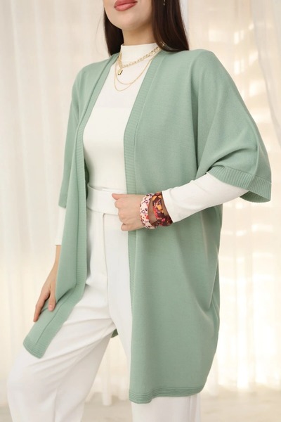 LOS VİLLİAN U Shawl Collar Short Sleeve Simple Basic Midi Length Seasonal Knitwear Cardigan