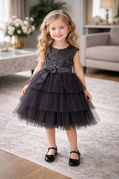 Uğur bebe فستان سهرة للفتيات مزين بالترتر الأسود، منفوش متعدد الطبقات، مبطن، ...