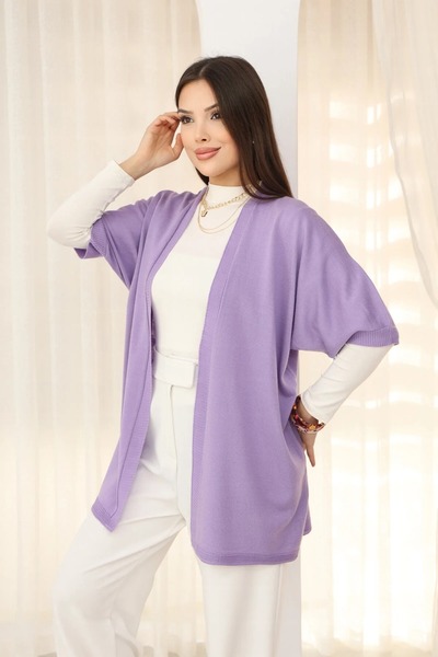 LOS VİLLİAN U Shawl Collar Short Sleeve Simple Basic Midi Length Seasonal Knitwear Cardigan