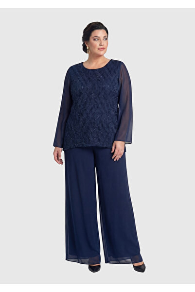 LİLAS XXL Büyük Beden Lacivert Renkli Şifon Abiye Pantolon Bluz Takım