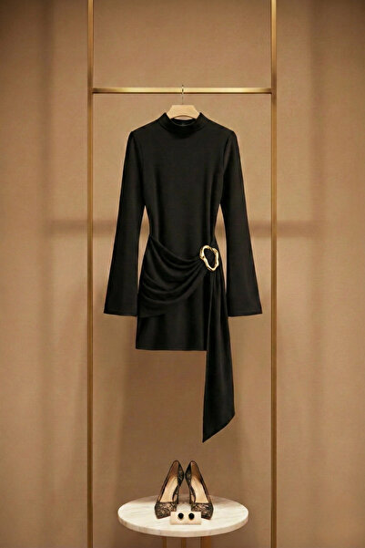 PASTELASTORE Buckle Detail Belted Mock Neck Mini Women's Dress