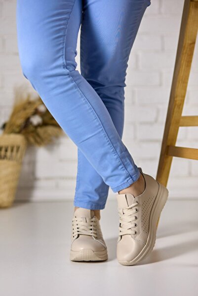 Tellus Women's Beige Genuine Leather Casual Sneakers, Trendy & Comfort, FJ305-3