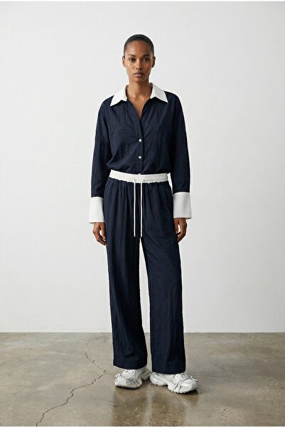 Quzu Elastic Waist High Waist Wide Leg Trousers Navy Blue