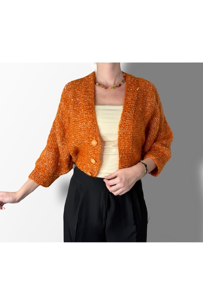 VELİNACOLLECTİON El Örgüsü Turuncu Yumuşacık Crop Hırka