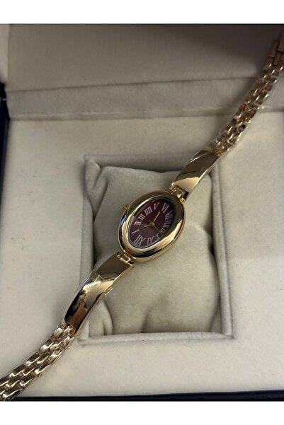 QUARTZ Oval Vintage Gold Bordo Kol Saati