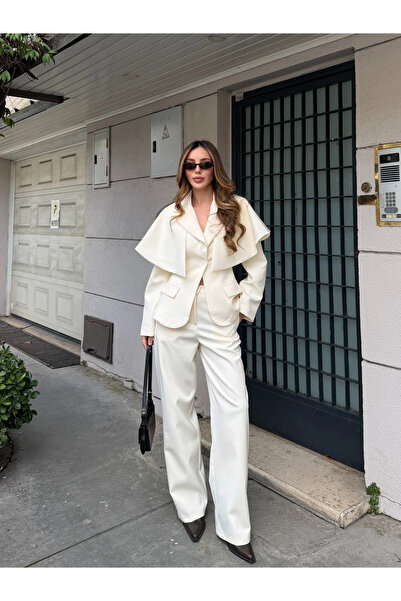 Laluvia Ecru Cape Detailed Jacket and Trousers Set - 202604