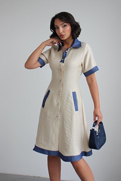 Ded COLLECTION Rochie de damă din denim cu nasturi și guler, cu mâneci scurte...