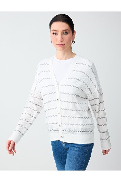 Jimmy Key Kırık Beyaz Rahat Kesim V Yaka Çizgi Desenli Triko Hırka