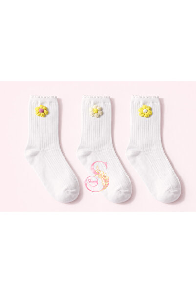 The Shiny Socks Shiny 3’lü Çiçekli Pamuklu Ribana Soket Çorap – El Örgü Aplik...